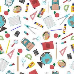 Fototapeta na wymiar School seamless pattern consisting of school stationery such as a backpack, notebook, globe, compass, calculator, eraser and also paints, glue, ruler, eraser and alarm clock.Vector illustration