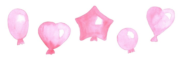 Air balloons. Set of pink air balloons. Watercolor hand painting illustrations. Isolated white bachground
