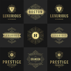 Vintage logos and monograms set elegant flourishes line art graceful ornaments victorian style vector template design