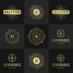 Vintage logos and monograms set elegant flourishes line art graceful ornaments victorian style vector template design