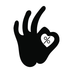 Percent icon in the palm of your hand, the ok symbol isolated on white background. Vector illustration. Eps 10.