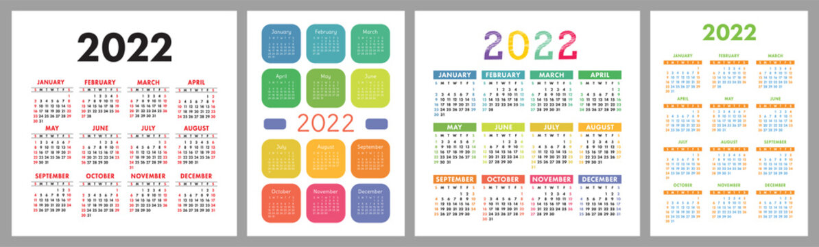Calendar 2022 year set. Vector template collection. Simple design. Week starts on Sunday. January, February, March, April, May, June, July, August, September, October, November, December