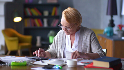 Senior business woman holding paper bill using calculator - obrazy, fototapety, plakaty