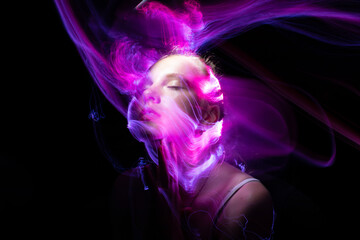 lightpainting portrait, new art direction, long exposure photo without photoshop, light drawing at long exposure	
