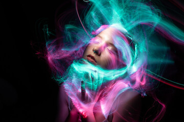 lightpainting portrait, new art direction, long exposure photo without photoshop, light drawing at long exposure	
