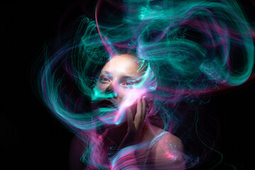 lightpainting portrait, new art direction, long exposure photo without photoshop, light drawing at long exposure	
