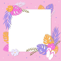 Fototapeta na wymiar Design frame for your text with tropical exotic leaves and flowers.Paper cut style, vector.