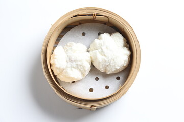 steamed fresh char siew bao marinated pork meat Chinese bun in bamboo basket dim sum menu