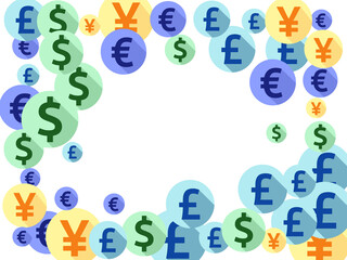 Euro dollar pound yen round icons flying currency vector illustration. Finance pattern. Currency