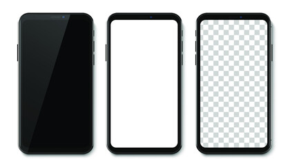 Realistic phone mockup. Set of modern phones with blank, black and transparent display. Smartphone design mockup in front view.