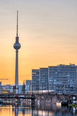 The iconic Television Tower and the river Spree in Berlin after sunset