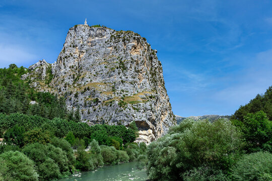 Panoramic view of the giant  rock in the Verdon Valley , village of Castellane in France in summer.
