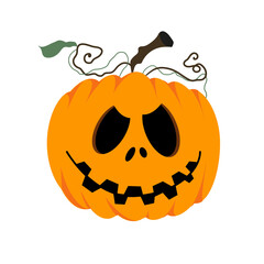 An orange pumpkin with an evil expression on its face for Halloween. A traditional festive element for the design of packaging, postcards. Clipart on a white background.