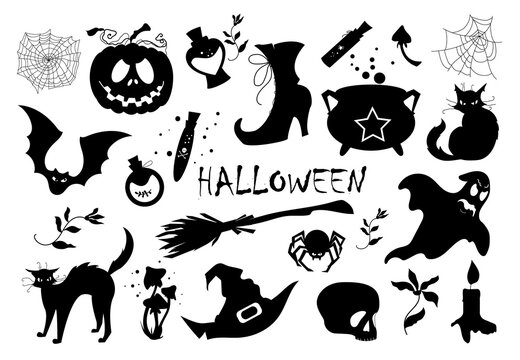 A set of vector elements for Halloween. Silhouettes of images for packaging design, postcards, posters. Clipart on a white background.