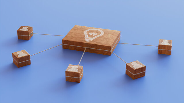 Innovation Technology Concept with lightbulb Symbol on a Wooden Block. User Network Connections are Represented with White string. Blue background. 3D Render.