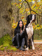 A beautiful and young brunette woman with an impressive large dog of great dane breed during the autumn season.