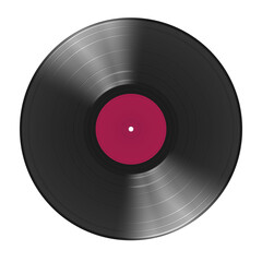 a long-playing vinyl record with a crimson sticker in the center of the disc