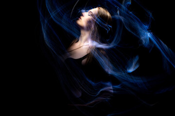 lightpainting portrait, new art direction, long exposure photo without photoshop, light drawing at long exposure	
