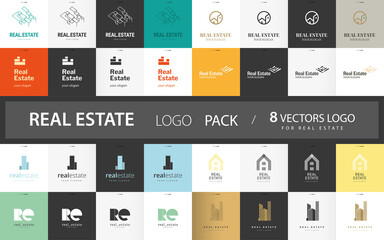 LOGO PACK Real Estate - 8 logo version for your business: letterhead, folder, block notes, agenda, pin, web; all in vectors.