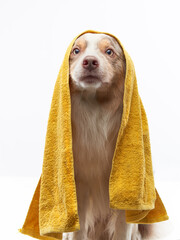 wet dog after shower. Border collie in a yellow towel. Pet wash