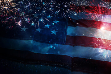 American flag with glitter bokeh background and fireworks