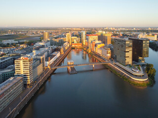 Naklejka premium Modern Architecture at the Media Harbour at sunrise; Düsseldorf, North Rhine Westphalia, Germany
