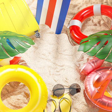 Summer Beach Accessories Yellow  Background Copy Space 3D Rendering