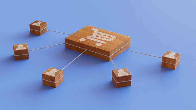 Ecommerce Technology Concept with shopping Symbol on a Wooden Block. User Network Connections are Represented with White string. Blue background. 3D Render.