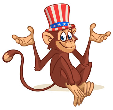 Cartoon funny and cute monkey wearing American uncle Sam hat on USA Independence Day