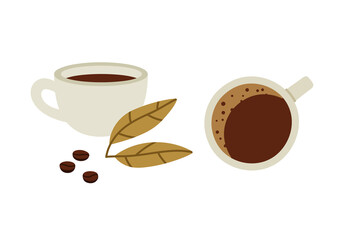 Vector illustration of a coffee cup, leaves, and beans, isolated on white background. Side view and top view. Hand-drawn coffee set in flat style. Trendy illustration for web and print design.