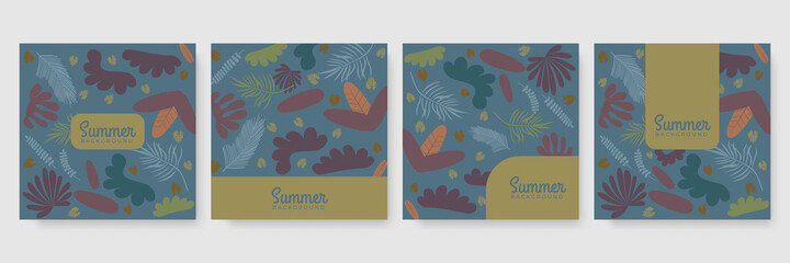 Trendy summer colorful abstract square art templates with floral tree and geometric elements. Suitable for social media posts, mobile apps, banners design and web, internet ads. Fashion backgrounds