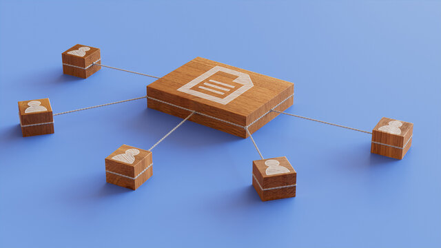 Word document Technology Concept with document Symbol on a Wooden Block. User Network Connections are Represented with White string. Blue background. 3D Render.