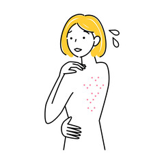 スキンケア 背中にポツポツ（吹き出物・ニキビ）が出来て悲しんでいる可愛い女性 イラスト シンプル ベクター