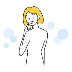 スキンケア 背中のポツポツ（吹き出物・ニキビ）が治り喜んでいる可愛い女性 イラスト シンプル ベクター