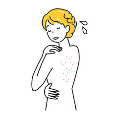 スキンケア 背中にポツポツ（吹き出物・ニキビ）が出来て悲しんでいる可愛い女性 イラスト シンプル ベクター