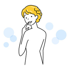 スキンケア 背中のポツポツ（吹き出物・ニキビ）が治り喜んでいる可愛い女性 イラスト シンプル ベクター
