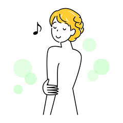 スキンケア 背中のポツポツ（吹き出物・ニキビ）が治り喜んでいる可愛い女性 イラスト シンプル ベクター