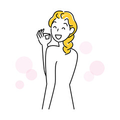 スキンケア 背中のポツポツ（吹き出物・ニキビ）が治り喜んでいる可愛い女性 イラスト シンプル ベクター