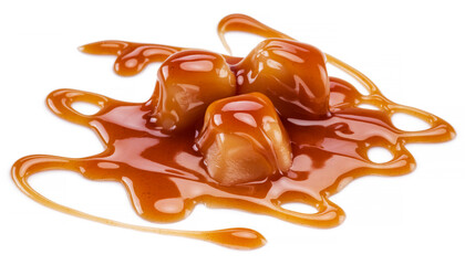 Caramel candies covered with melted sugar caramel isolated on white background.