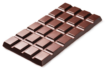 Dark chocolate bar isolated on white background. Sweet food is made of cocoa butter, solids and sugar.