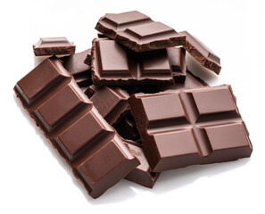 Pieces of dark chocolate bar isolated on white background. Sweet food is made of cocoa and sugar.