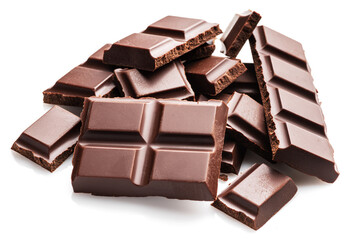 Pieces of dark chocolate bar isolated on white background. Sweet food is made of cocoa and sugar.