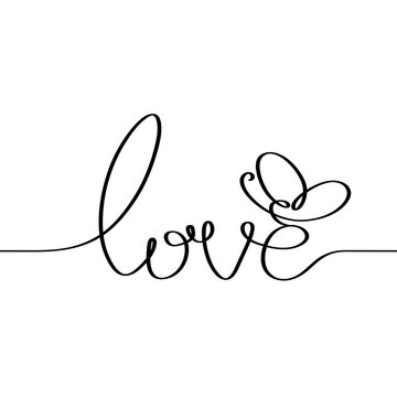 The word "love" and a butterfly are drawn in one line on a white background. Minimal design, freehand composition, modern style. Elegant poster for a Scandinavian interior.