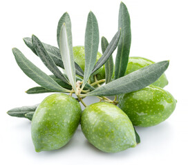 Green natural olives with leaves isolated on a white background.