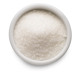 Fototapeta na wymiar White refined sugar in ceramic bowl on white background. Top view. File contains clipping path.