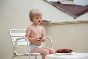 Blond child eats strawberries in summer sitting on the terrace on the background of the roofs