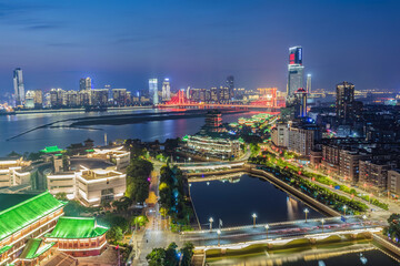 Aerial view of the city, night falls in the light show under the shining, beautiful scenery bright lights. Nanchang, capital of Jiangxi Province, China