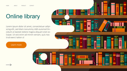 Online library app for reading, banner, website template. Electronic book store application on background with bookshelves, digital technologies in education. Vector graphic. - obrazy, fototapety, plakaty