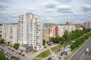  Aerial view on Sykhiv, the largest residential area in Lviv, Ukraine from drone. Chervonoyi Kalyny Avenue