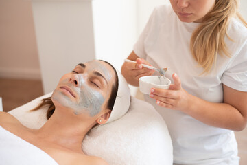 Obraz na płótnie Canvas Cleaning and moisturise nourish skin of face. Cosmetologist put grey mask on face by brush. Beautiful woman receiving cavitation facial peeling. Treatment skin care in cosmetology beauty spa salon.